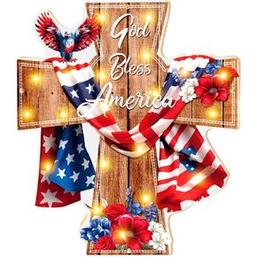 God Bless American Decorations Patriotic Cross Hanging Sign with Light American Flag Cross Front Door Sign Hanger Double Sided Religious Hanging Door Sign for Welcome Home Christmas Wall Yard Decor