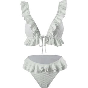 MakeMeChic Women's 2 Piece Textured Swimsuit Ruffle Trim V Neck Tie Front Bikini Sets Bathing Suit