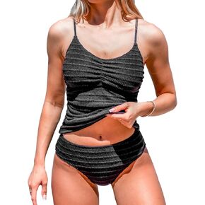 CUPSHE Women's Tankini Sets Two Piece Swimsuits High Waisted Back Crisscross Tie Cutout Textured V Neck