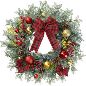 Sggvecsy 20 Inch Artificial Christmas Wreath for Front Door with Pine Needles Red Berries Pine Cones Buffalo Plaid Bow Christmas Ball Decorations for Winter Wall Outdoor Home Holiday Xmas Decor