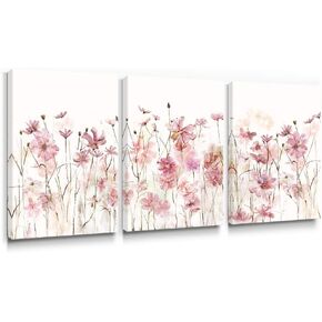 SUMGAR Pink Flower Wall Art Bedroom 3 Piece Romantic Floral Wildflower Plants Nature Scenery Canvas Watercolour Paintings, Red Bloom Pictures for Teen Girl Room Living Room, 12 x 16 inch