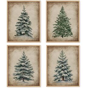 Boat Wades Vintage Christmas Tree Unframed Wall Art Prints,Vintage Botanical Fir Christmas Posters & Prints For Living Room Home Dorm Decor,Farmhouse Holiday Wall Art Prints 8x10 Set Of 4