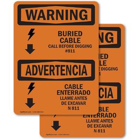 (2 Pack) Buried Cable Call Before Digging Bilingual OSHA Warning Sign 5 Inch X 7 Inch Vinyl Label Decal Sticker Weather Resistant, UV Protected for Workplace, Construction Site, Made in the USA