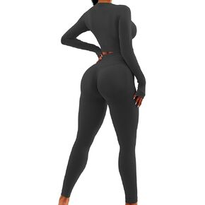 YOAKUKA 2 Piece Workout Legging Sets for Women Yoga Gym Outfit Seamless Long Sleeve Athletic Active Wear Tummy Control