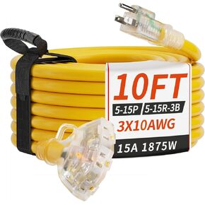 50 FT 10/3 Gauge Outdoor Extension Cord with Multiple Outlets Light Indicator, Flexible 3 Outlet Weatherproof Heavy Duty Extension Cord Waterproof Yellow, 15A 1875W 10AWG SJTW, ETL Listed