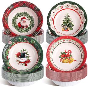 Pasimy 100 Pcs Christmas Paper Bowls Bulk 12 oz Merry Christmas Disposable Bowls Red and Green Plaid Serving Bowls Snowman Santa Claus Snack Soup Dessert Food Tablewares for Xmas Party Favors Supplies