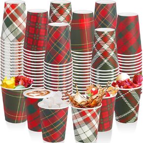 Zhehao 120 Pieces 8 oz Christmas Disposable Cups Red Green Christmas Plaid Paper Coffee Cups for Hot Cold Beverage Chocolate Tea Cocoa Christmas Plaid Party Supplies Xmas Holiday Table Decorations