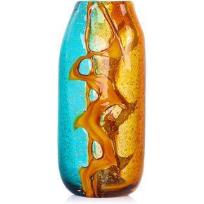 9" Tall Handcrafted Glass Vase with Amber and Turquoise Colors - Artistic Decorative Flower Vase for Home Decor, Modern Art Piece for Living Room, Dining Table, Kitchen, Office, Desk, Bedroom Decor