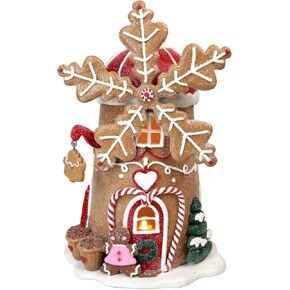 KPCB Tech Gingerbread Christmas Decor - Lighted Gingerbread House Decorations with Timer - 9.8 Inches Handcrafted Windmill Figurines - Holiday Decor for Party Centerpiece, Mantel, Dining Table