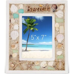 CoTa Global Oceanic 5x7 Beach Picture Frame - Beautiful Decor Accent Seashell Photo Frame for Summer Vacation Memory, Handmade - For Tabletop or Wall Hang - 11 Inch