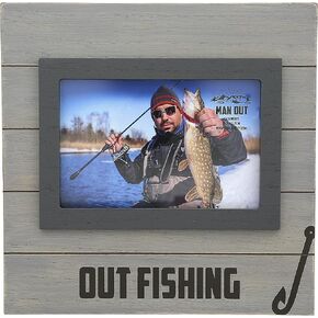 Pavilion - Out Fishing Wood Tabletop Picture Frame, Holds 4 x 6-inch Photo, Rustic Picture Frames, River Vacation Photo Frame, Fishing, 1 Count, 8.75 x 8.75 inches Overall in Size,Gray