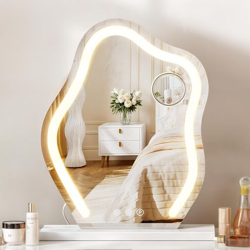 YITAHOME Irregular Makeup Mirror, Vanity Mirror with LED Lights 17.7"x17" Large Make Up Mirror, Touch Screen with 3-Color Lighting, Vanity Desk Tabletop Led Mirror for Bedroom Bathroom Living Room in Saudi Arabia