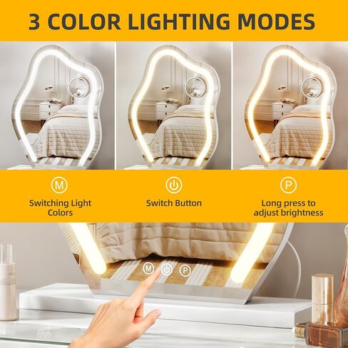 YITAHOME Irregular Makeup Mirror, Vanity Mirror with LED Lights 17.7"x17" Large Make Up Mirror, Touch Screen with 3-Color Lighting, Vanity Desk Tabletop Led Mirror for Bedroom Bathroom Living Room in Saudi Arabia