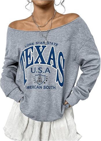 Floerns Women's Letter Graphic Long Sleeve Off Shoulder Loose Sweatshirt Pullover in Saudi Arabia