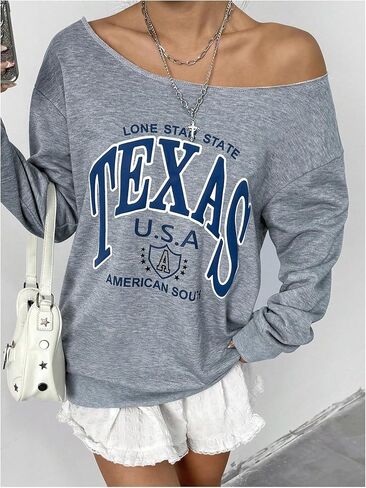 Floerns Women's Letter Graphic Long Sleeve Off Shoulder Loose Sweatshirt Pullover in Saudi Arabia