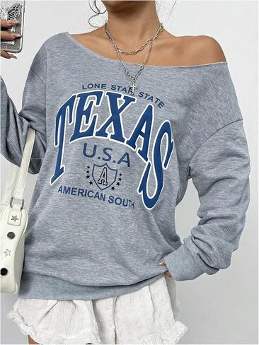 Floerns Women's Letter Graphic Long Sleeve Off Shoulder Loose Sweatshirt Pullover in Saudi Arabia