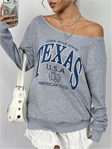 Floerns Women's Letter Graphic Long Sleeve Off Shoulder Loose Sweatshirt Pullover in Saudi Arabia