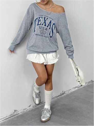 Floerns Women's Letter Graphic Long Sleeve Off Shoulder Loose Sweatshirt Pullover in Saudi Arabia