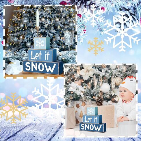 3 Pcs Winter Tiered Tray Decor Winter Table Sign Wood Decorations Winter Snowflakes Tiered Tray Decor for Party Gift Desk in Kuwait