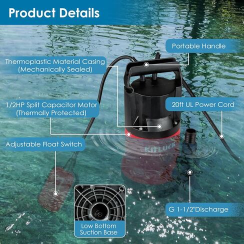 Sump Pump, 1HP 3500GPH Submersible Water Pump with Float Switch, 20ft Rubber Cord, Portable Handle, Sump Pump for Pool Draining, Remove Clean/Dirty Water for Flood Basement, Pond, Tub in Saudi Arabia