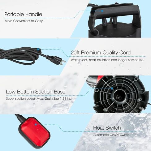 Sump Pump, 1HP 3500GPH Submersible Water Pump with Float Switch, 20ft Rubber Cord, Portable Handle, Sump Pump for Pool Draining, Remove Clean/Dirty Water for Flood Basement, Pond, Tub in Saudi Arabia