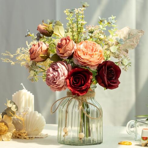LESING Fake Artificial Flowers with Vase Faux Silk Flower Bouquet in Glass Vase Rose Floral Arrangements Flower for Home Office Decoration, Dining Table Centerpiece (Red) in Kuwait