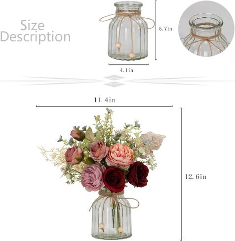 LESING Fake Artificial Flowers with Vase Faux Silk Flower Bouquet in Glass Vase Rose Floral Arrangements Flower for Home Office Decoration, Dining Table Centerpiece (Red) in Kuwait