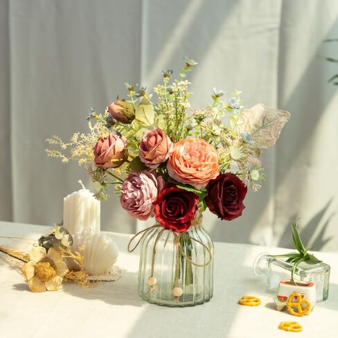 LESING Fake Artificial Flowers with Vase Faux Silk Flower Bouquet in Glass Vase Rose Floral Arrangements Flower for Home Office Decoration, Dining Table Centerpiece (Red) in Kuwait