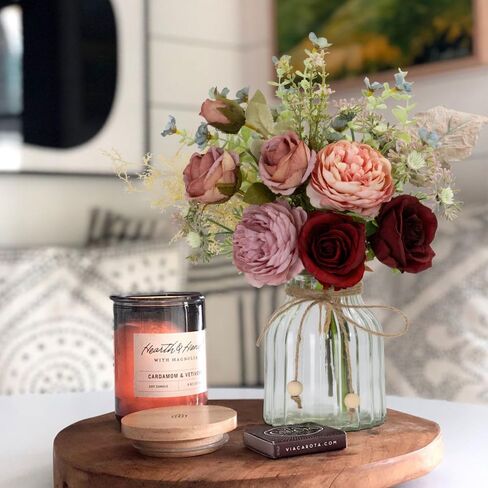 LESING Fake Artificial Flowers with Vase Faux Silk Flower Bouquet in Glass Vase Rose Floral Arrangements Flower for Home Office Decoration, Dining Table Centerpiece (Red) in Kuwait