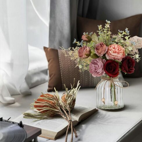 LESING Fake Artificial Flowers with Vase Faux Silk Flower Bouquet in Glass Vase Rose Floral Arrangements Flower for Home Office Decoration, Dining Table Centerpiece (Red) in Kuwait