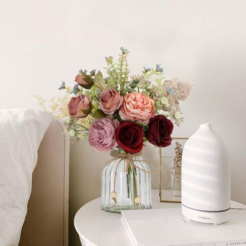 LESING Fake Artificial Flowers with Vase Faux Silk Flower Bouquet in Glass Vase Rose Floral Arrangements Flower for Home Office Decoration, Dining Table Centerpiece (Red) in Kuwait