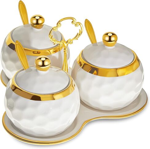 Lallisa 3 Pcs Golf Porcelain Sugar Bowl Condiment Pot Golf Shaped Ceramic Sugar Holder with 1 Tray Salt Container with Lid and Spoon Modern Seasoning Jars for Home and Kitchen (White) in Saudi Arabia