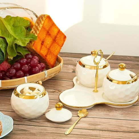 Lallisa 3 Pcs Golf Porcelain Sugar Bowl Condiment Pot Golf Shaped Ceramic Sugar Holder with 1 Tray Salt Container with Lid and Spoon Modern Seasoning Jars for Home and Kitchen (White) in Saudi Arabia
