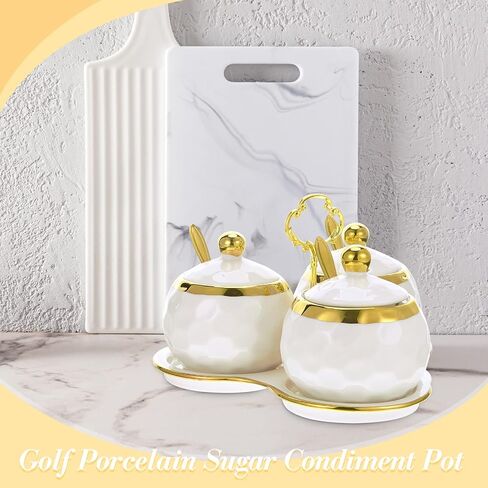 Lallisa 3 Pcs Golf Porcelain Sugar Bowl Condiment Pot Golf Shaped Ceramic Sugar Holder with 1 Tray Salt Container with Lid and Spoon Modern Seasoning Jars for Home and Kitchen (White) in Saudi Arabia