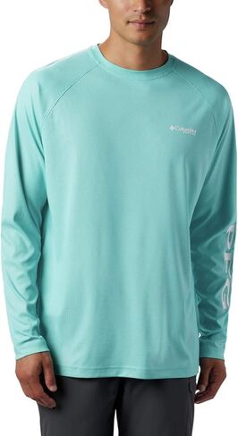Columbia Men's Terminal Tackle Heather Long Sleeve Shirt, Mint Cay Heather/Collegiate Navy Logo, Small in Saudi Arabia