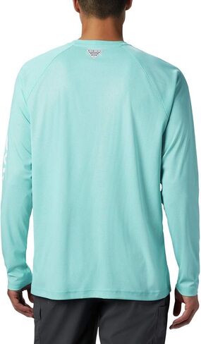 Columbia Men's Terminal Tackle Heather Long Sleeve Shirt, Mint Cay Heather/Collegiate Navy Logo, Small in Saudi Arabia