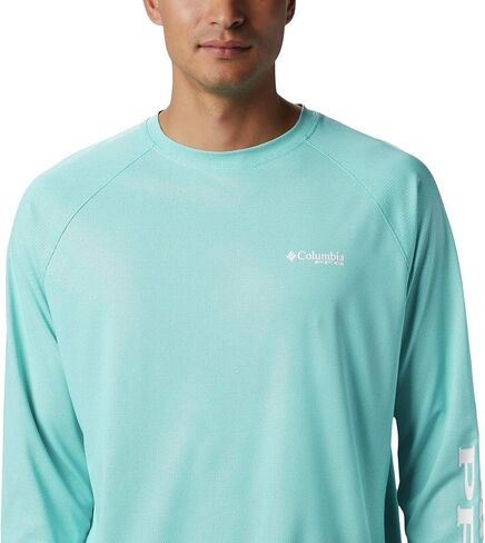 Columbia Men's Terminal Tackle Heather Long Sleeve Shirt, Mint Cay Heather/Collegiate Navy Logo, Small in Saudi Arabia