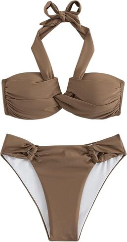SHENHE Women's Summer 2 Piece Halter Bikini Swimsuit Set Push Up Bathing Suits Coffee Brown M in Saudi Arabia