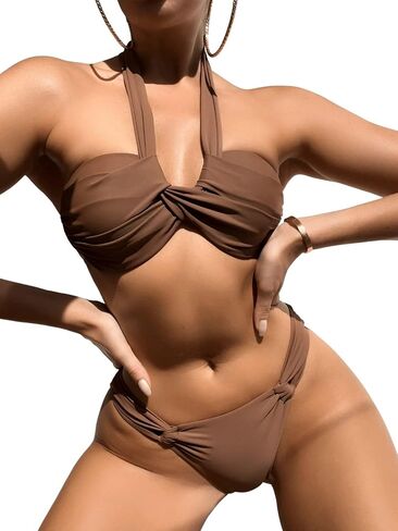 SHENHE Women's Summer 2 Piece Halter Bikini Swimsuit Set Push Up Bathing Suits Coffee Brown M in Saudi Arabia