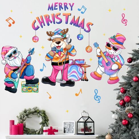 Mfault Merry Christmas Rock in Roll Music Wall Decals Stickers, Xmas Santa Deer Snowman Decorations Bedroom Art, Funny Note New Year 2025 Party Home Kitchen Decor Winter Holiday Gift in Saudi Arabia
