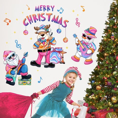 Mfault Merry Christmas Rock in Roll Music Wall Decals Stickers, Xmas Santa Deer Snowman Decorations Bedroom Art, Funny Note New Year 2025 Party Home Kitchen Decor Winter Holiday Gift in Saudi Arabia