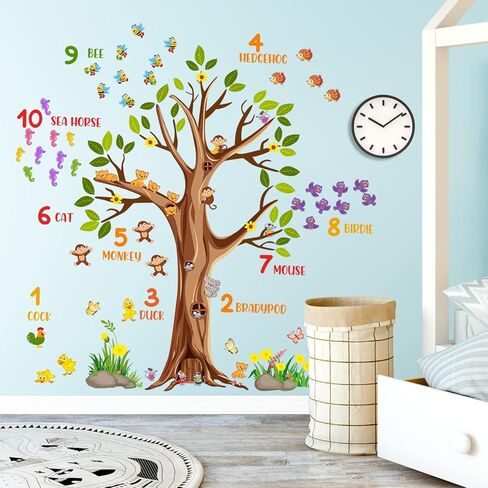 RW-6131 ملصقات جدارية على شكل شجرة بنية كرتونية عملاقة لحيوانات الغابة ملصقات جدارية على شكل شجرة قابلة للإزالة DIY قابلة للإزالة على شكل حيوانات سفاري وزهور وفراشة وأوراق خضراء لتزيين غرفة نوم الأطفال وغرفة المعيشة in Kuwait