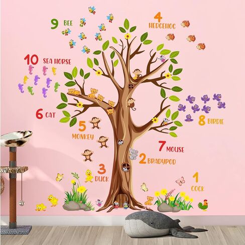 RW-6131 ملصقات جدارية على شكل شجرة بنية كرتونية عملاقة لحيوانات الغابة ملصقات جدارية على شكل شجرة قابلة للإزالة DIY قابلة للإزالة على شكل حيوانات سفاري وزهور وفراشة وأوراق خضراء لتزيين غرفة نوم الأطفال وغرفة المعيشة in Kuwait