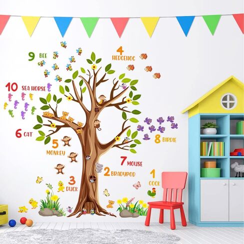 RW-6131 ملصقات جدارية على شكل شجرة بنية كرتونية عملاقة لحيوانات الغابة ملصقات جدارية على شكل شجرة قابلة للإزالة DIY قابلة للإزالة على شكل حيوانات سفاري وزهور وفراشة وأوراق خضراء لتزيين غرفة نوم الأطفال وغرفة المعيشة in Kuwait