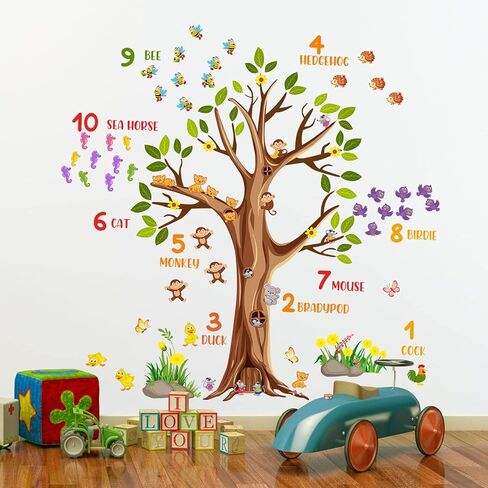RW-6131 ملصقات جدارية على شكل شجرة بنية كرتونية عملاقة لحيوانات الغابة ملصقات جدارية على شكل شجرة قابلة للإزالة DIY قابلة للإزالة على شكل حيوانات سفاري وزهور وفراشة وأوراق خضراء لتزيين غرفة نوم الأطفال وغرفة المعيشة in Kuwait