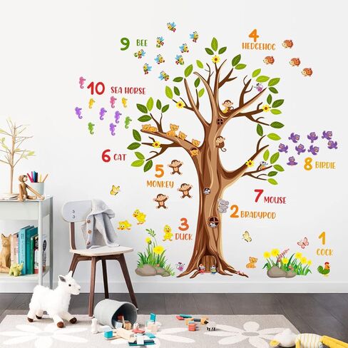 RW-6131 ملصقات جدارية على شكل شجرة بنية كرتونية عملاقة لحيوانات الغابة ملصقات جدارية على شكل شجرة قابلة للإزالة DIY قابلة للإزالة على شكل حيوانات سفاري وزهور وفراشة وأوراق خضراء لتزيين غرفة نوم الأطفال وغرفة المعيشة in Kuwait