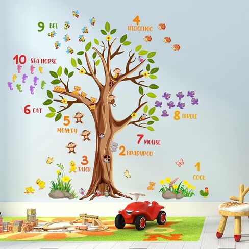 RW-6131 ملصقات جدارية على شكل شجرة بنية كرتونية عملاقة لحيوانات الغابة ملصقات جدارية على شكل شجرة قابلة للإزالة DIY قابلة للإزالة على شكل حيوانات سفاري وزهور وفراشة وأوراق خضراء لتزيين غرفة نوم الأطفال وغرفة المعيشة in Kuwait
