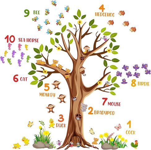 RW-6131 ملصقات جدارية على شكل شجرة بنية كرتونية عملاقة لحيوانات الغابة ملصقات جدارية على شكل شجرة قابلة للإزالة DIY قابلة للإزالة على شكل حيوانات سفاري وزهور وفراشة وأوراق خضراء لتزيين غرفة نوم الأطفال وغرفة المعيشة in Kuwait