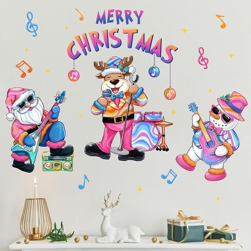 Mfault Merry Christmas Rock in Roll Music Wall Decals Stickers, Xmas Santa Deer Snowman Decorations Bedroom Art, Funny Note New Year 2025 Party Home Kitchen Decor Winter Holiday Gift in Saudi Arabia