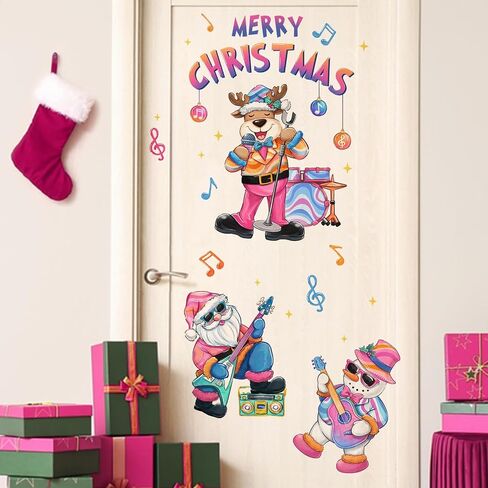 Mfault Merry Christmas Rock in Roll Music Wall Decals Stickers, Xmas Santa Deer Snowman Decorations Bedroom Art, Funny Note New Year 2025 Party Home Kitchen Decor Winter Holiday Gift in Saudi Arabia